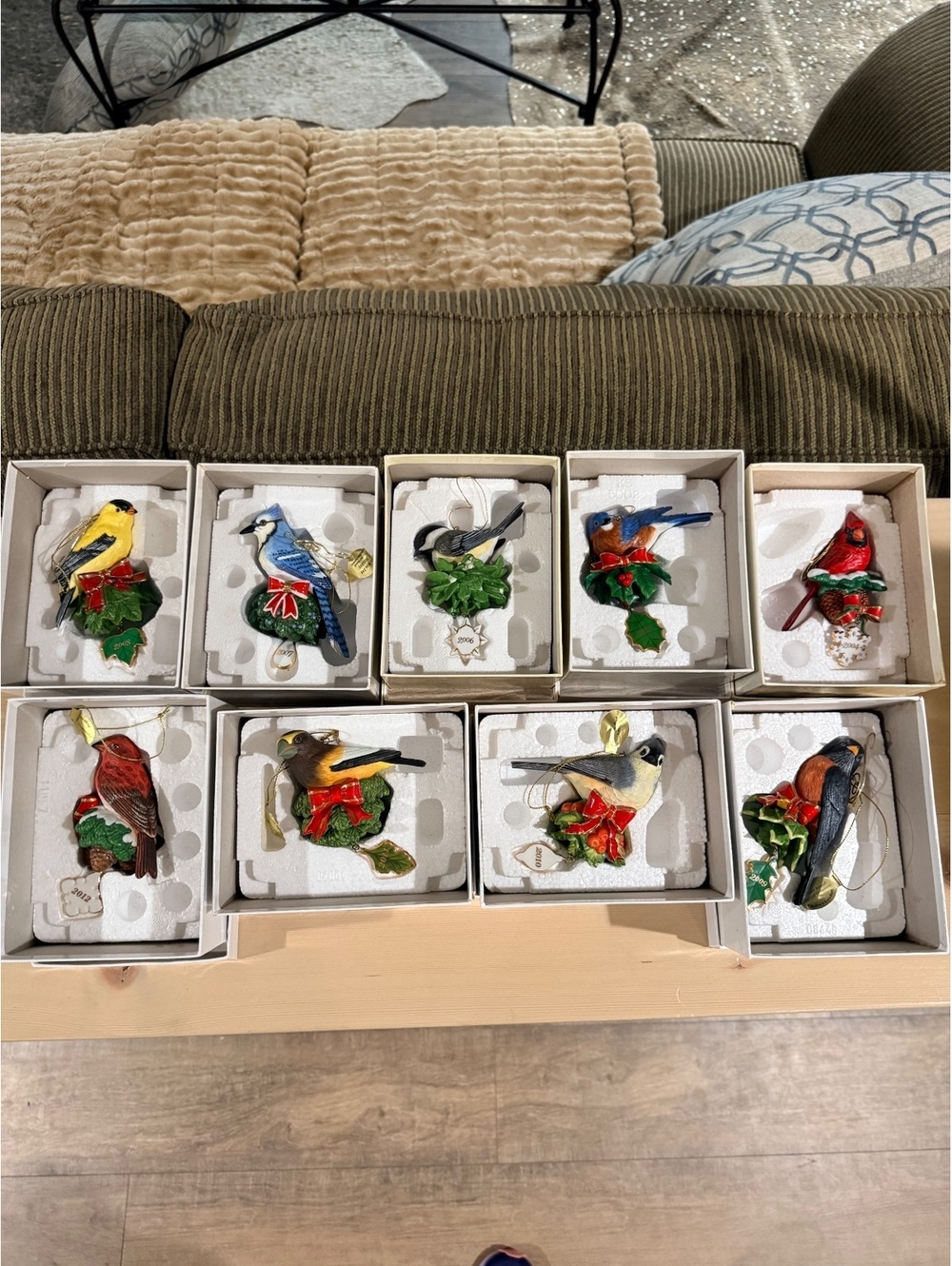 The Danbury Mint Annual Gold Christmas Bird Ornaments Set 2004-2012